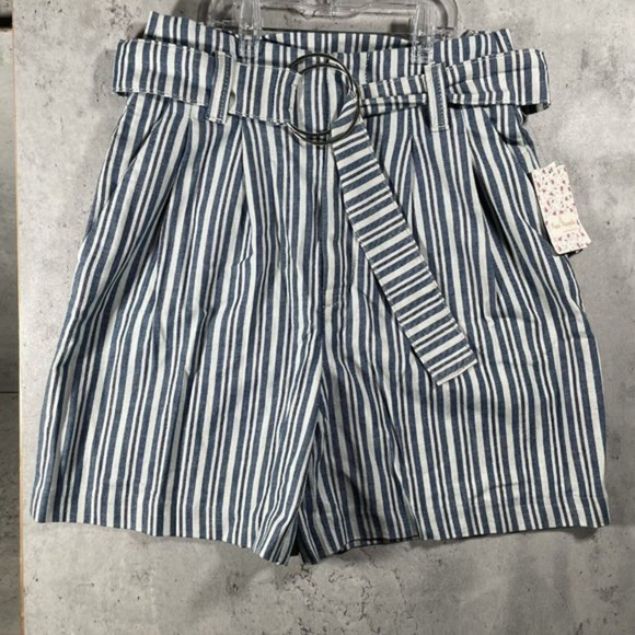 NWT FREE PEOPLE Womens Hi-Rise Knit Belted Striped Indigo Blue Shorts‎ Size 4 - Picture 1 of 12